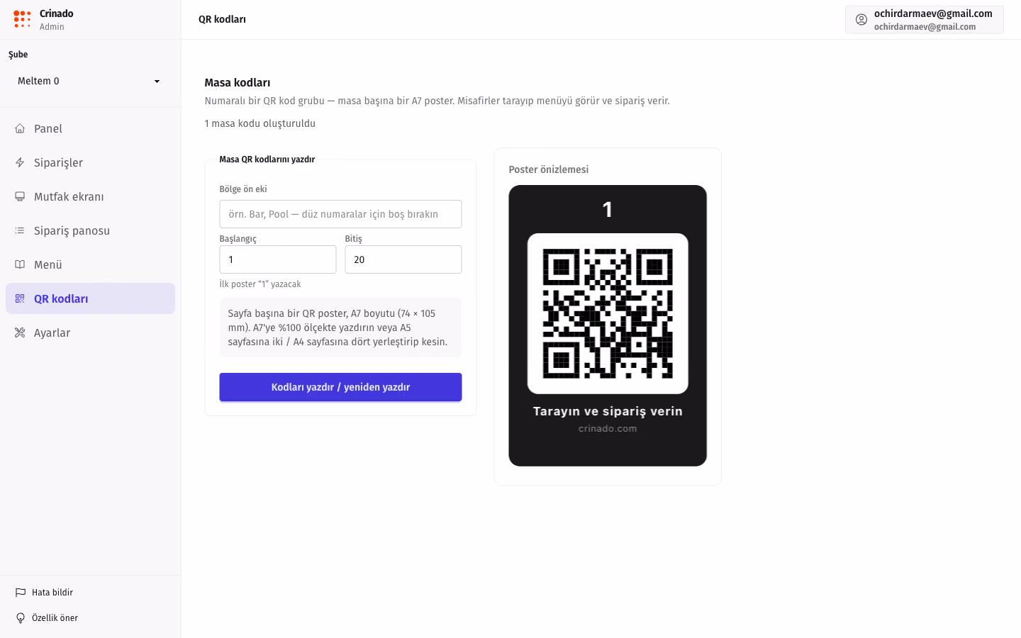 QR codes for tables